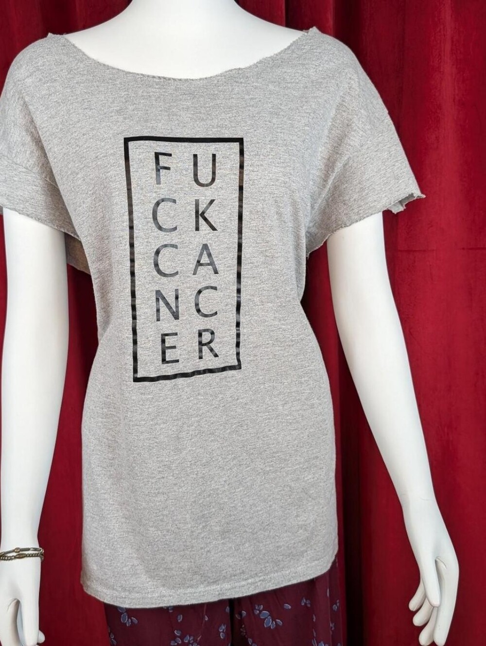 One of a Kind Reworked Heather Gray & Black F*ck Cancer Cap Sleeve T-shirt